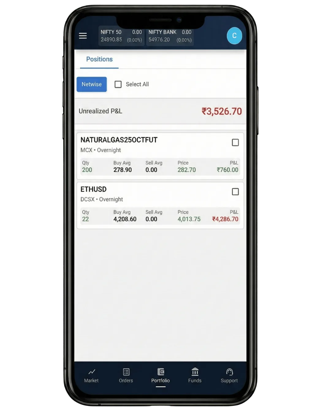 Sun Trader mobile app positions screen